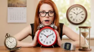 Persona con una grande sveglia rossa circondata da diversi orologi e una clessidra