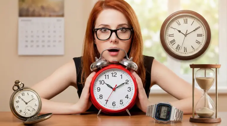 Persona con una grande sveglia rossa circondata da diversi orologi e una clessidra