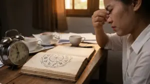 Persona seduta a un tavolo con un libro di astrologia aperto, tazze di caffè e una sveglia