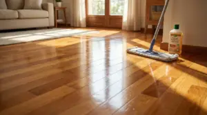 Pavimento in parquet lucido con mocio e detergente naturale in un soggiorno illuminato dal sole