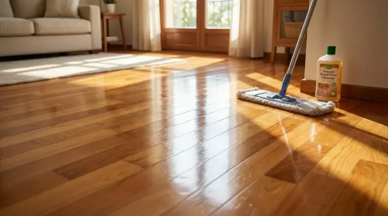 Pavimento in parquet lucido con mocio e detergente naturale in un soggiorno illuminato dal sole