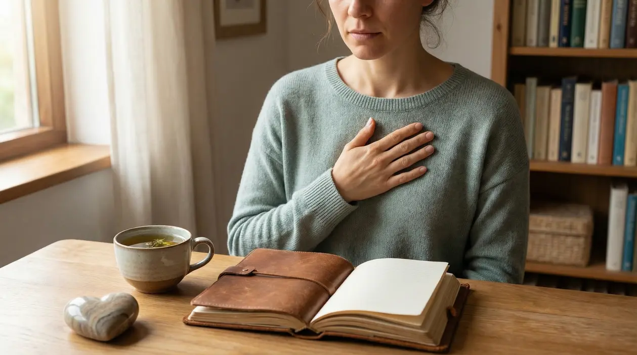 Persona seduta con la mano sul petto accanto a un diario aperto e una tazza di tè
