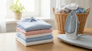Camicie stirate piegate accanto a un ferro da stiro e un cesto di biancheria.