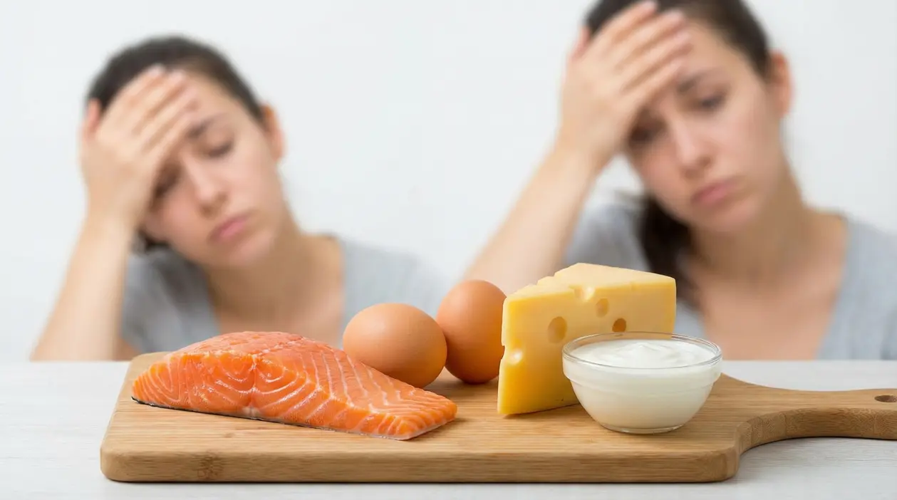 Due persone affaticate dietro una selezione di alimenti ricchi di vitamina B12 su un tagliere