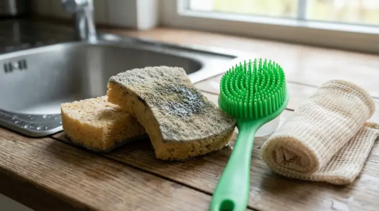 Spugne da cucina sporche accanto a una spazzola verde in silicone e un panno su un piano vicino al lavandino