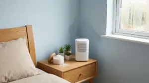 Un comodino con deumidificatore e piante accanto a una parete con umidità in una stanza da letto