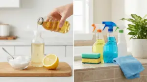 Prodotti per la pulizia naturali e commerciali su superfici domestiche