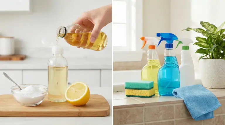 Prodotti per la pulizia naturali e commerciali su superfici domestiche