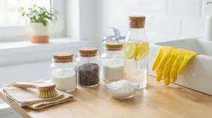 Ingredienti naturali per la pulizia del bagno su un piano in legno