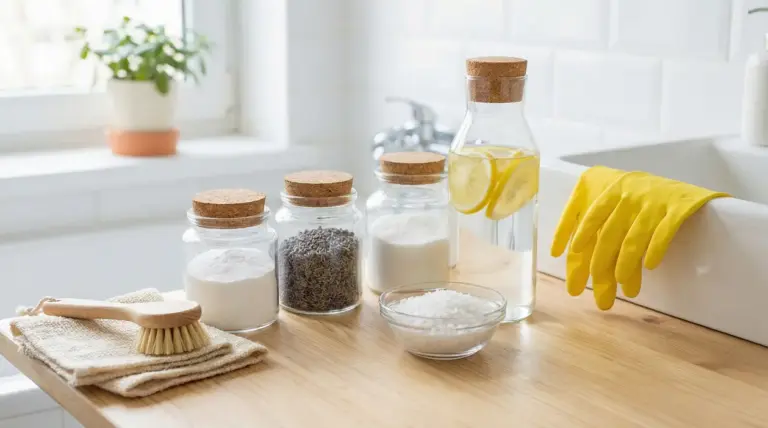 Ingredienti naturali per la pulizia del bagno su un piano in legno