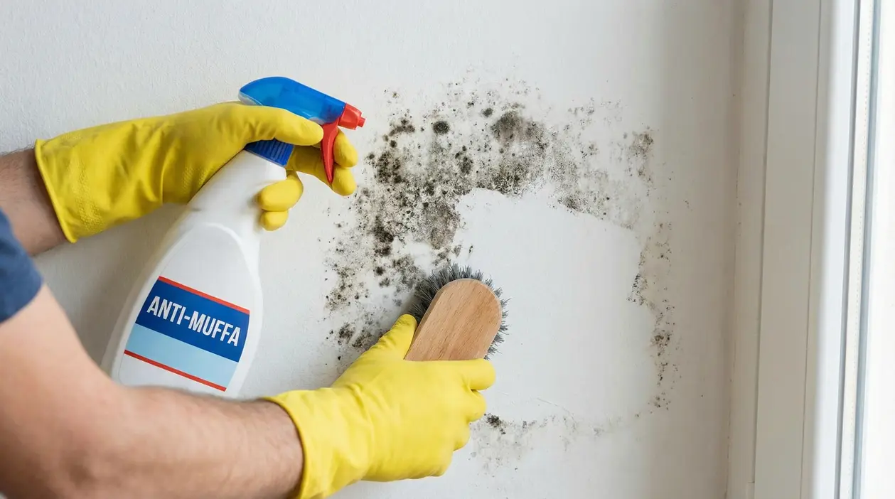 Persona con guanti pulisce una parete con muffa usando spray anti-muffa e spazzola