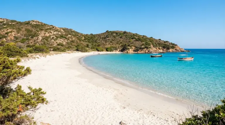 Spiaggia con sabbia bianca e mare turchese, con due barche ormeggiate vicino alla riva