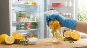 Mano con guanto spruzza spray fatto in casa con agrumi e rosmarino davanti a un frigorifero aperto