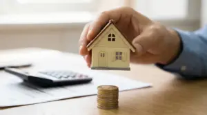 Una mano tiene un modellino di casa sopra una pila di monete su una scrivania
