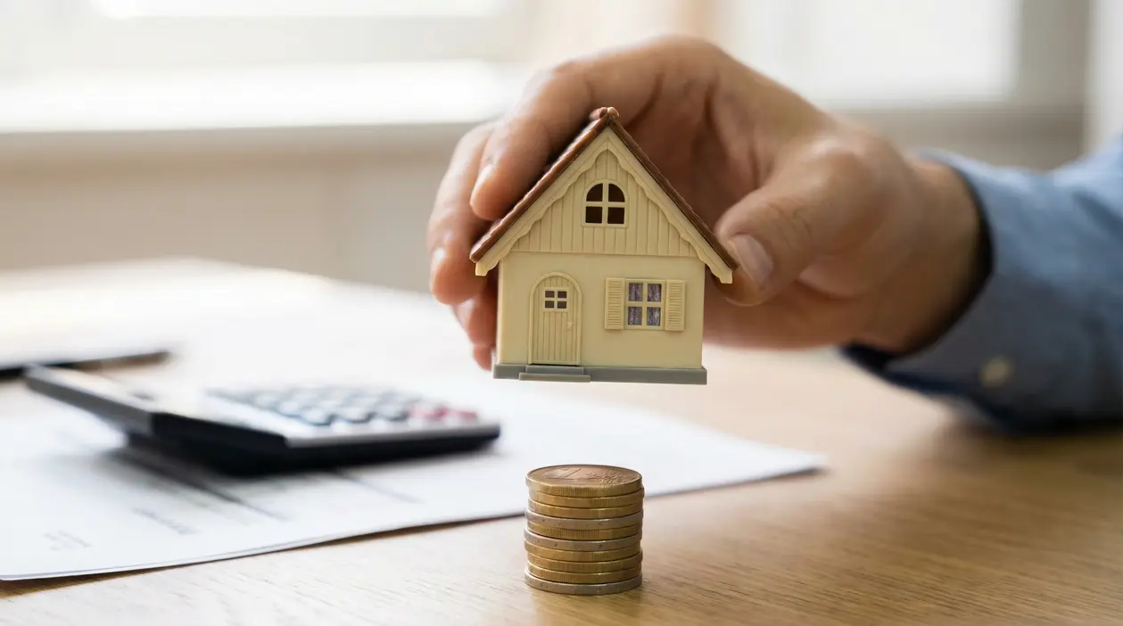 Una mano tiene un modellino di casa sopra una pila di monete su una scrivania