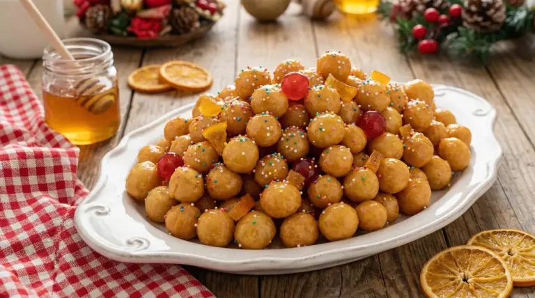 Piatto di struffoli napoletani decorati con miele, canditi e confettini colorati