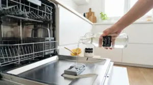 Una mano versa aceto bianco nel vano di una lavastoviglie aperta in cucina