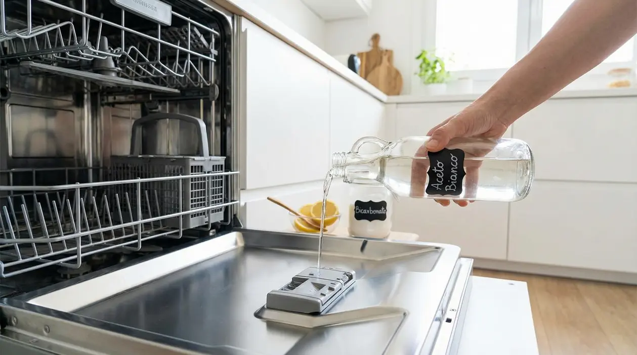 Una mano versa aceto bianco nel vano di una lavastoviglie aperta in cucina