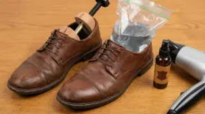 Scarpe in pelle con tendiscarpe, sacchetto con acqua, spray e phon su fondo in legno