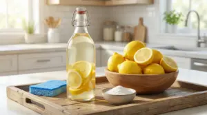 Bottiglia di aceto con fette di limone accanto a limoni freschi, bicarbonato e una spugna su un vassoio