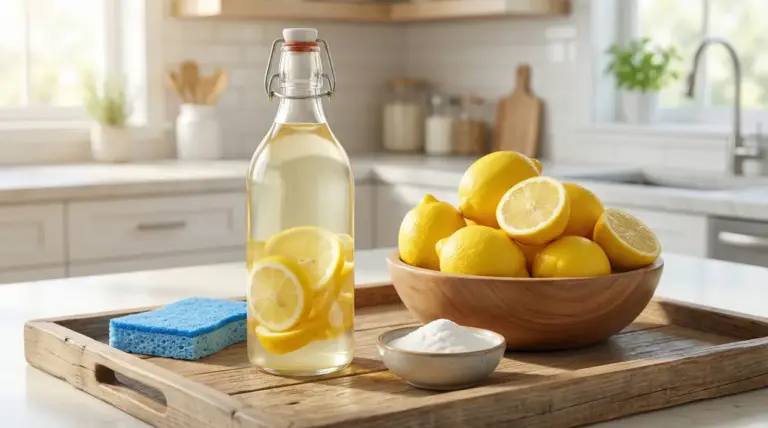 Bottiglia di aceto con fette di limone accanto a limoni freschi, bicarbonato e una spugna su un vassoio