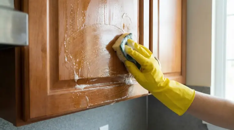 Mano con guanto giallo pulisce un mobile da cucina in legno con una spugna saponata