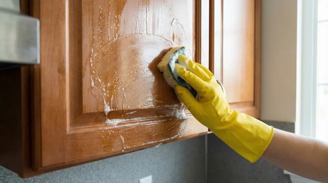 Mano con guanto giallo pulisce un mobile da cucina in legno con una spugna saponata