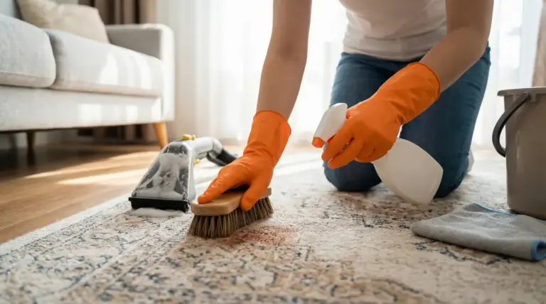 Persona che pulisce un tappeto con guanti arancioni, spazzola e spray detergente