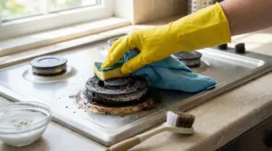 Pulizia di un piattello del fornello con spugna e guanti di gomma