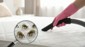 Una mano con guanto rosa aspira un materasso, con ingrandimento di acari della polvere