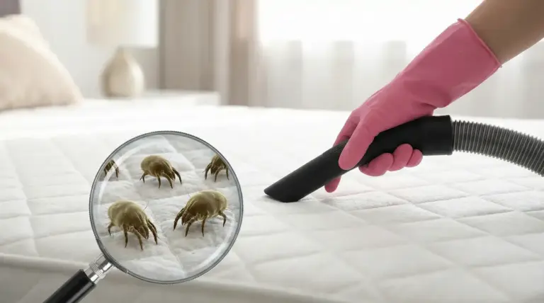 Una mano con guanto rosa aspira un materasso, con ingrandimento di acari della polvere