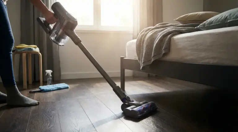 Una persona passa l’aspirapolvere sotto il letto in una camera da letto luminosa