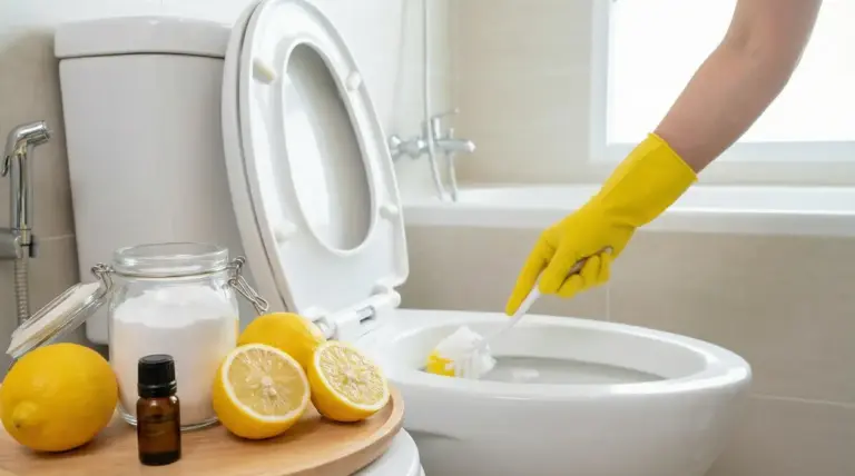 Pulizia del wc con spazzola e prodotti naturali come limone, bicarbonato e olio essenziale