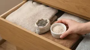 Cassetto con maglioni piegati, sacchetto di lavanda e una ciotola di sale grosso