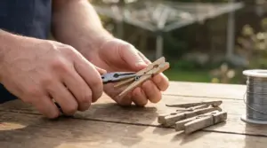 Mani che sistemano una molletta per i panni con una pinza su un tavolo di legno