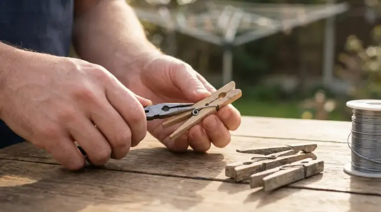 Mani che sistemano una molletta per i panni con una pinza su un tavolo di legno