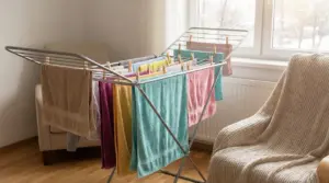 Stendibiancheria con asciugamani colorati stesi in una stanza luminosa d'inverno