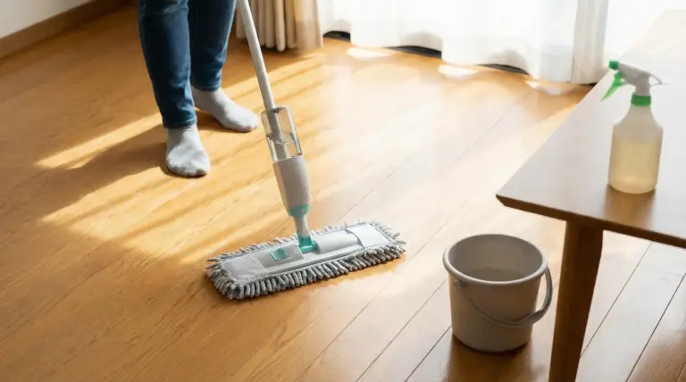 Persona che pulisce un pavimento in legno con uno spazzolone spray