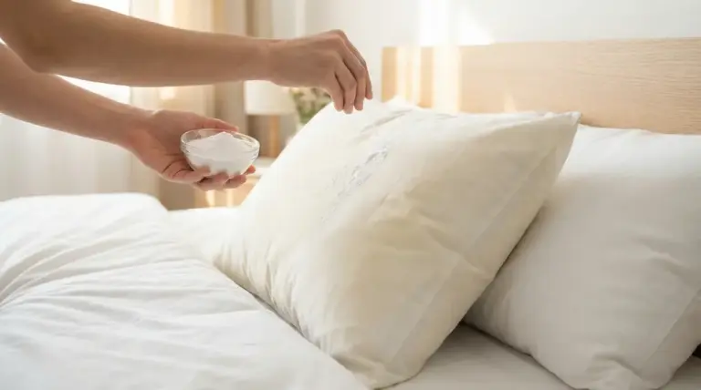 Mano che sparge bicarbonato su un cuscino poggiato su un letto