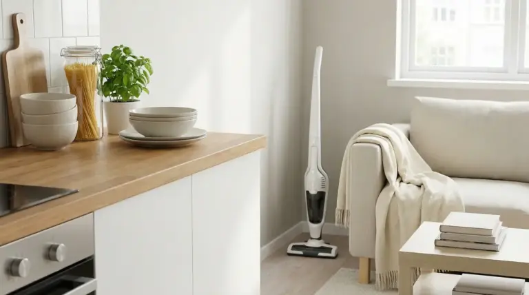 Soggiorno ordinato con divano beige, tavolino e aspirapolvere verticale vicino a una cucina minimalista