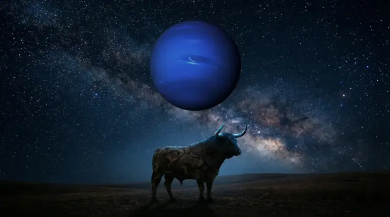 Sagoma di un toro sotto un grande pianeta blu nel cielo stellato