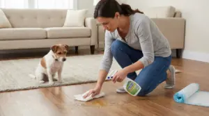 Donna pulisce la pipì del cane dal pavimento di casa con un detergente enzimatico
