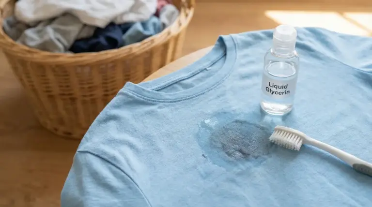 Maglietta con macchia trattata con glicerina liquida e spazzolino