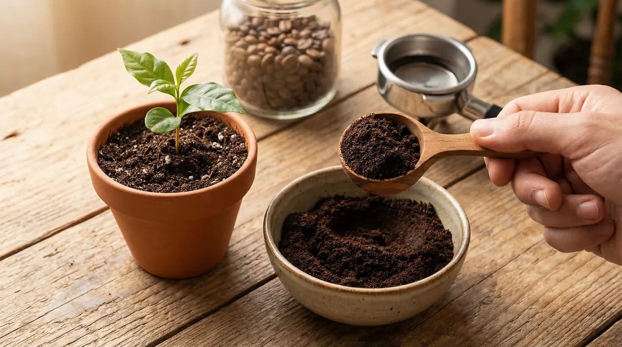 Fondi di caffè in una ciotola accanto a una piantina in vaso su un tavolo di legno