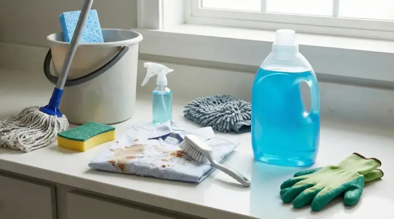 Prodotti per la pulizia con detersivo liquido e strumenti domestici su un piano da lavoro