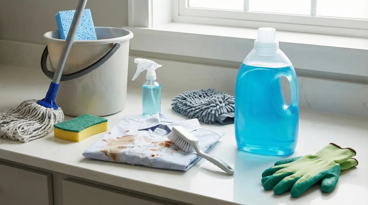 Prodotti per la pulizia con detersivo liquido e strumenti domestici su un piano da lavoro