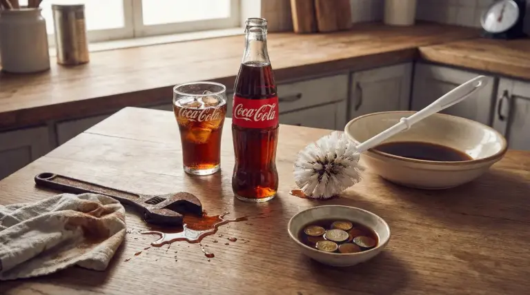Bottiglia e bicchiere di Coca Cola su un tavolo con oggetti per la pulizia e monete in ammollo