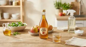 Bottiglia di aceto di mele su tavolo con mele, insalata e prodotti per la pulizia