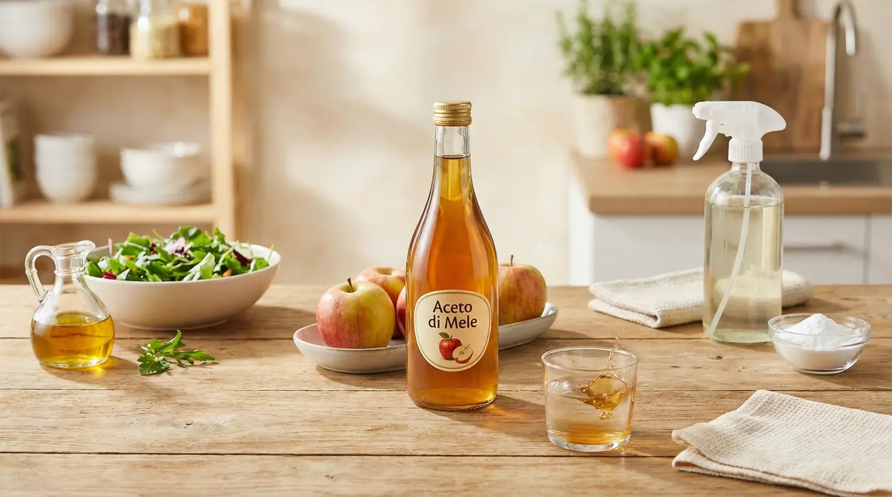 Bottiglia di aceto di mele su tavolo con mele, insalata e prodotti per la pulizia