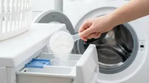 Una mano versa percarbonato di sodio nel cassetto di una lavatrice.